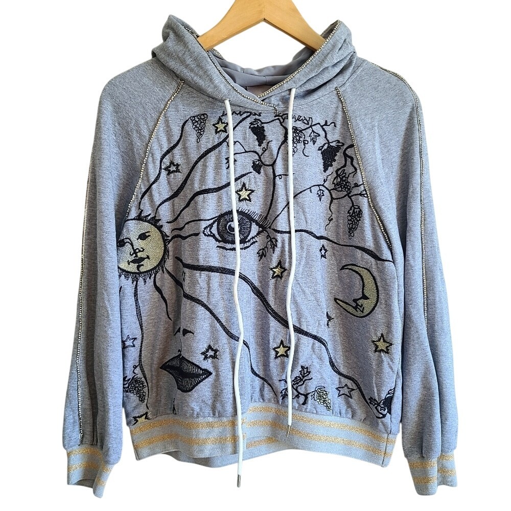Moiselle Gray Gold Celestial Metallic Pullover Hoodie with Rhinestone Trim EU 38